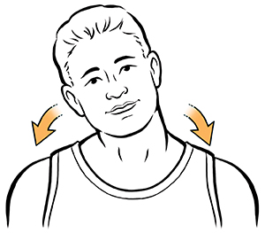 Man tilting head towards shoulder. Arrows show to do this on both sides.