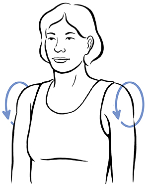 Woman doing shoulder rotation exercise.
