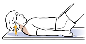 Woman lying on back doing head lift exercise.