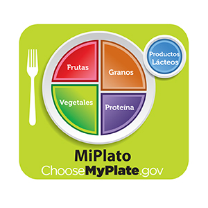 Gráfico de MyPlate donde se ve un equilibro saludable de alimentos.