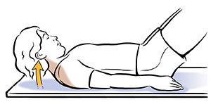 Woman lying on back doing head lift exercise.